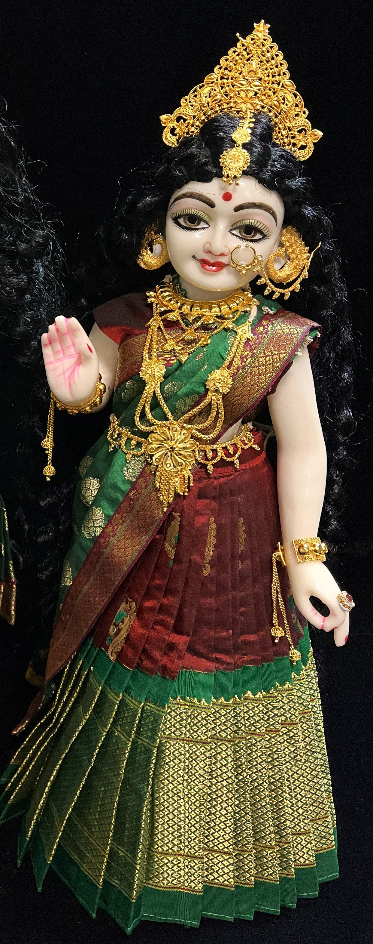 Deity half saree / lehenga patka made of Silkmark certified Pure Silk fabric. - Maroon Lehenga with Dark Green border and Dark Green Contrast Dupatta 2