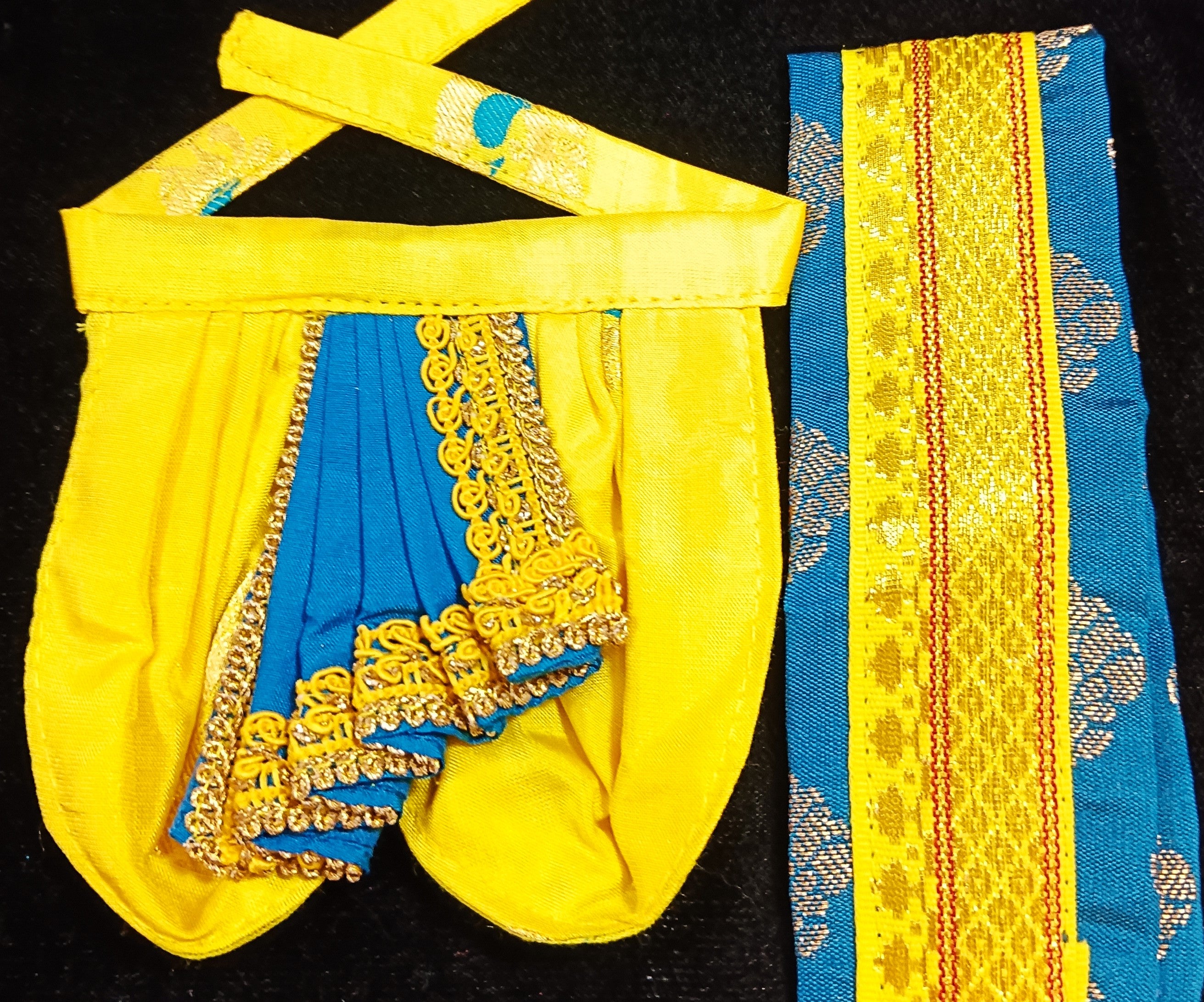 Deity dhoti and patka shalya / Uparna vastra made of Silkmark certified Pure Silk fabric. - Yellow Dhoti & Shalya with Sky Blue Contrast 3