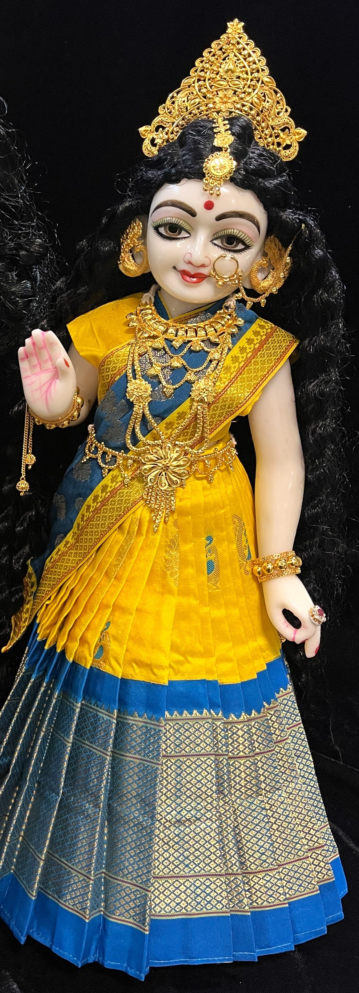 Deity half saree / lehenga patka made of Silkmark certified Pure Silk fabric. - Yellow Lehenga with Sky Blue border and Sky Blue Contrast Dupatta 2