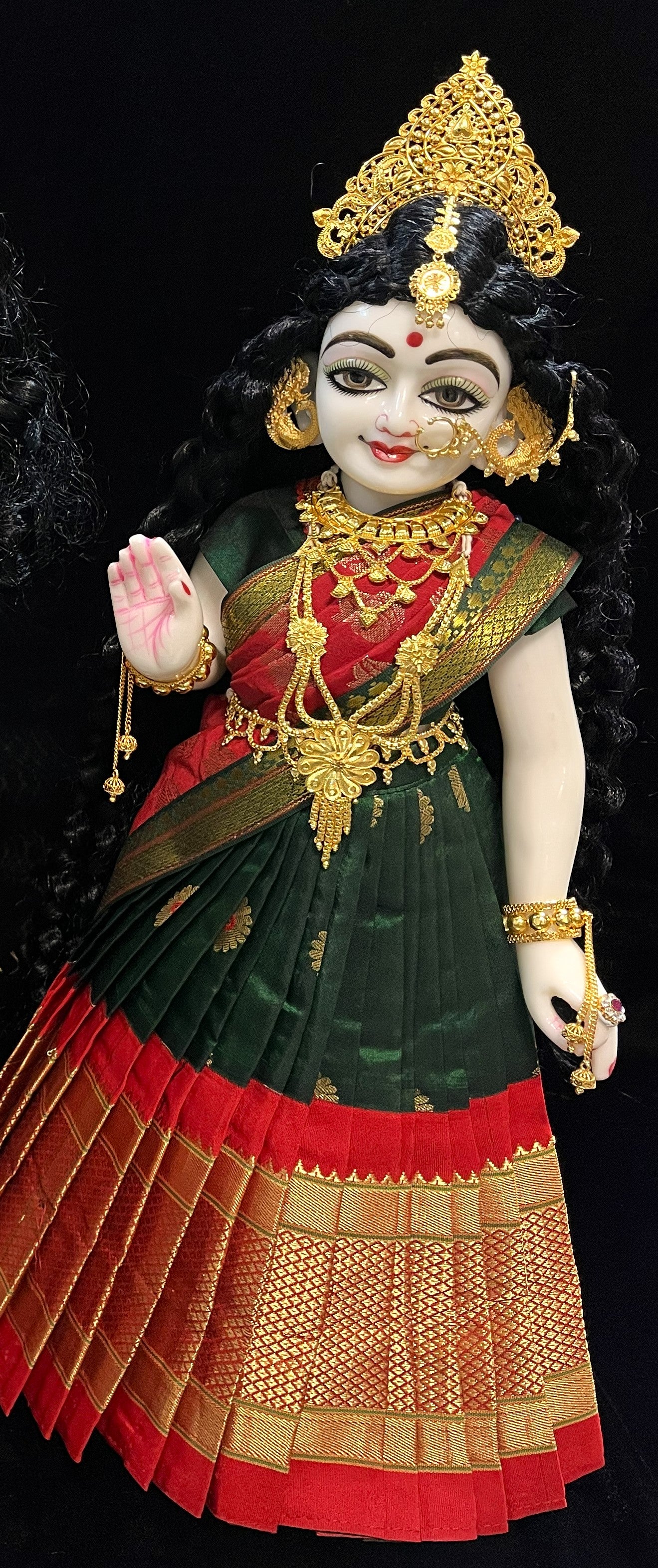 Deity half saree / lehenga patka made of Silkmark certified Pure Silk fabric. - Dark Green Lehenga with Red border and Red Contrast Dupatta 2