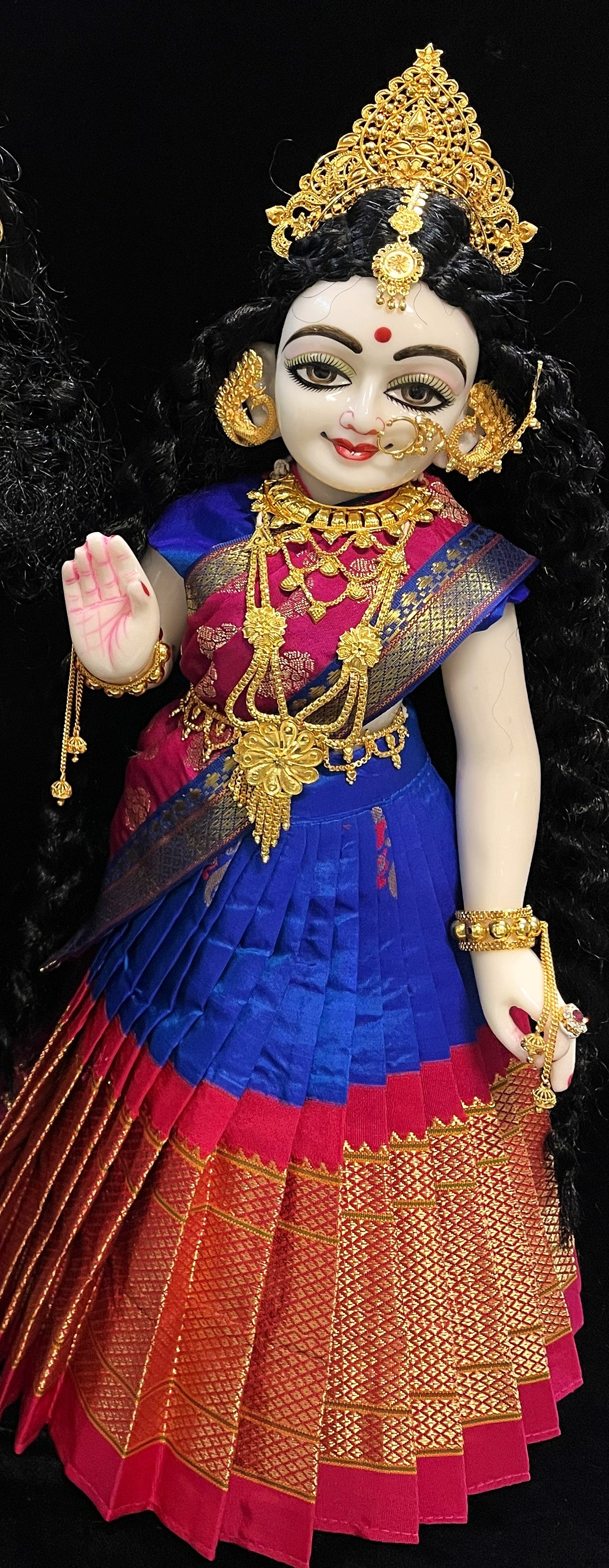 Deity half saree / lehenga patka made of Silkmark certified Pure Silk fabric. - Royal Blue Lehenga with Rani Pink border and Rani Pink Contrast Dupatta 2