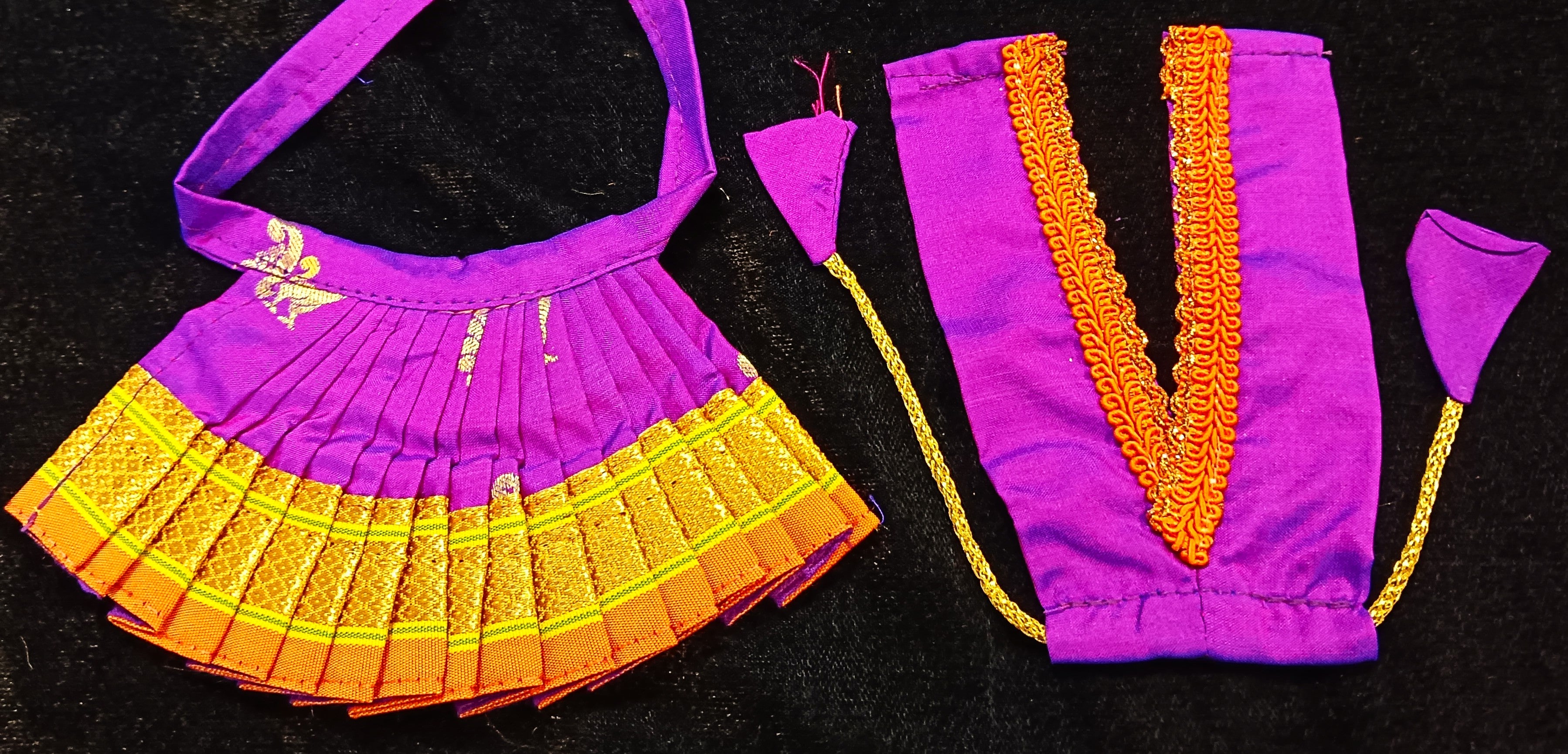 Deity half saree / lehenga patka made of Silkmark certified Pure Silk fabric. - Purple Lehenga with Organge border and Orange Contrast Dupatta 3