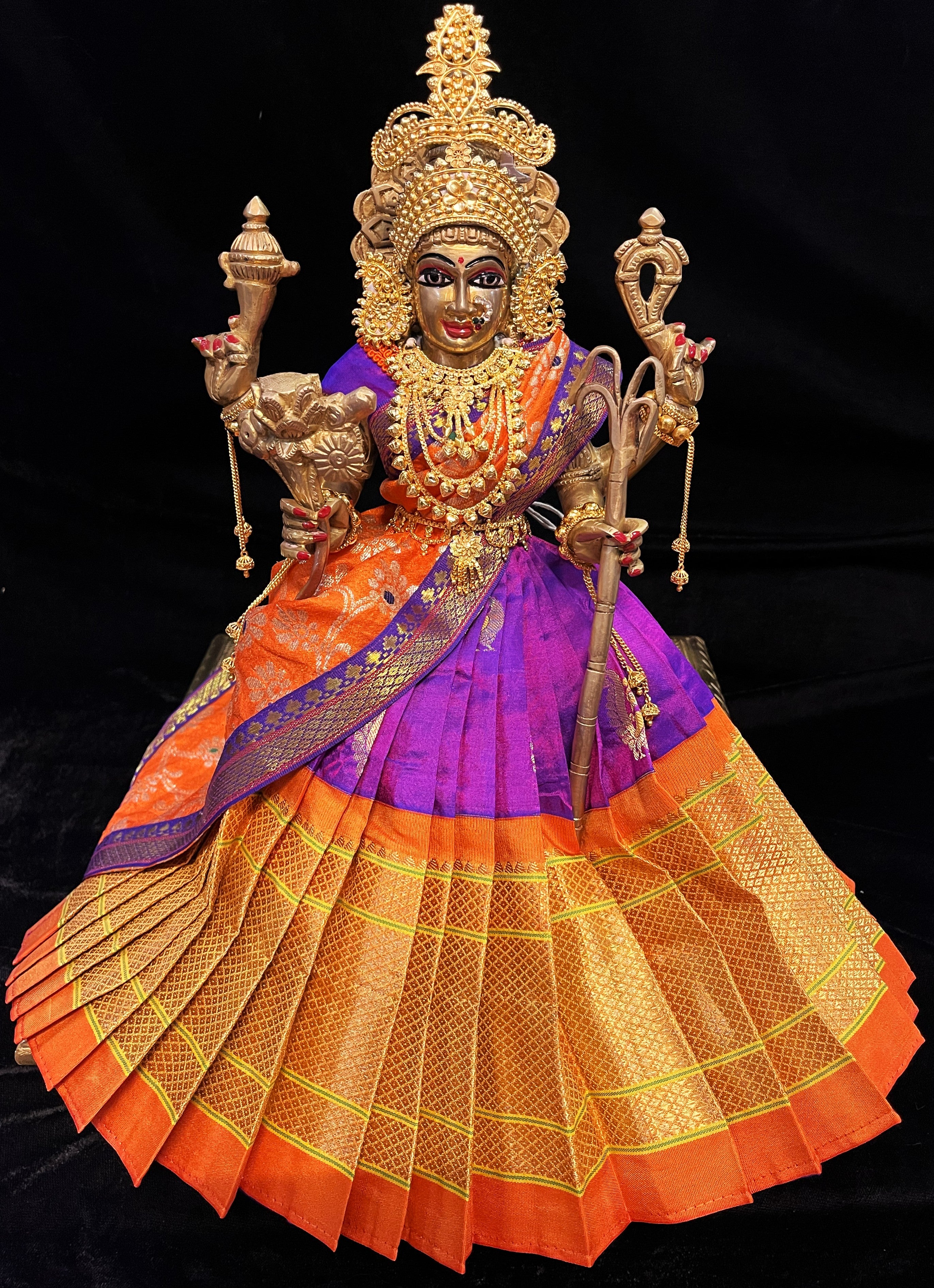 Deity half saree / lehenga patka made of Silkmark certified Pure Silk fabric. - Purple Lehenga with Organge border and Orange Contrast Dupatta 1