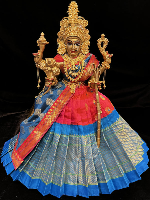 Deity half saree / lehenga patka made of Silkmark certified Pure Silk fabric. - Pink Lehenga with Sky Blue border and Sky Blue Contrast Dupatta