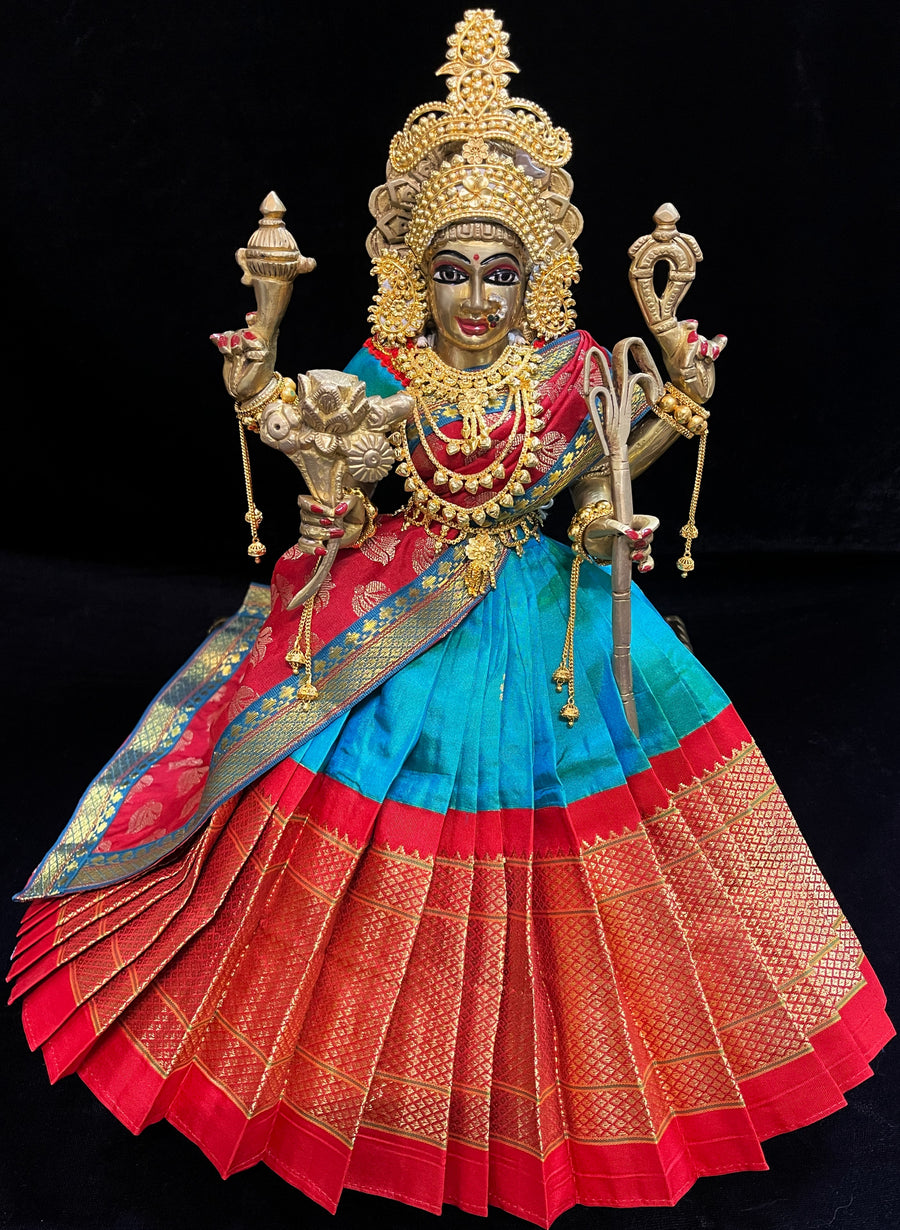 Deity half saree / lehenga patka made of Silkmark certified Pure Silk fabric. - Rama Blue Lehenga with Red border and Red Contrast Dupatta