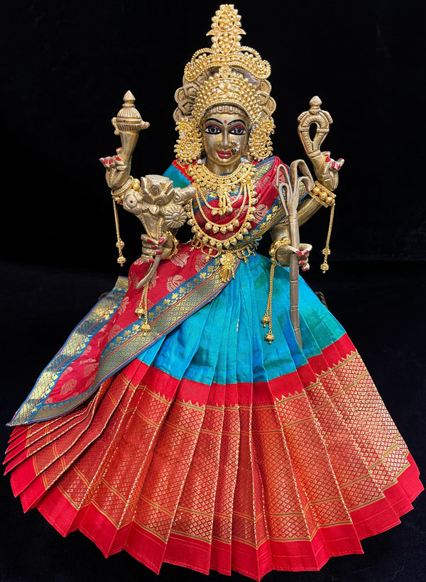 Deity half saree / lehenga patka made of Silkmark certified Pure Silk fabric. - Rama Blue Lehenga with Red border and Red Contrast Dupatta