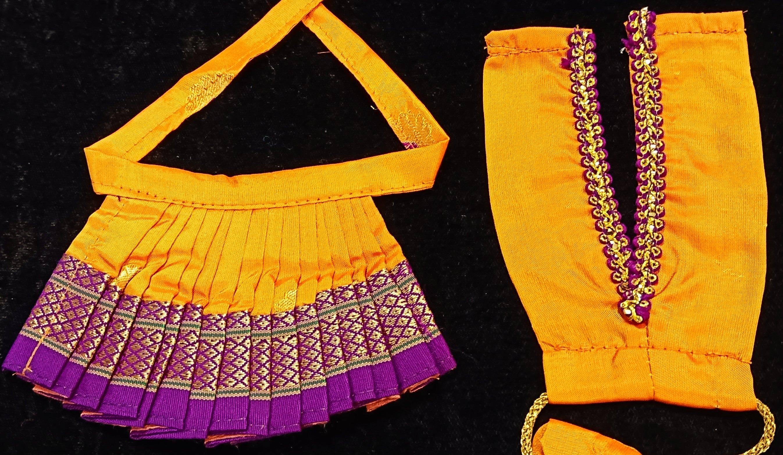Deity half saree / lehenga patka made of Silkmark certified Pure Silk fabric. - Orange Lehenga with Purple border and Purple Contrast Dupatta 4