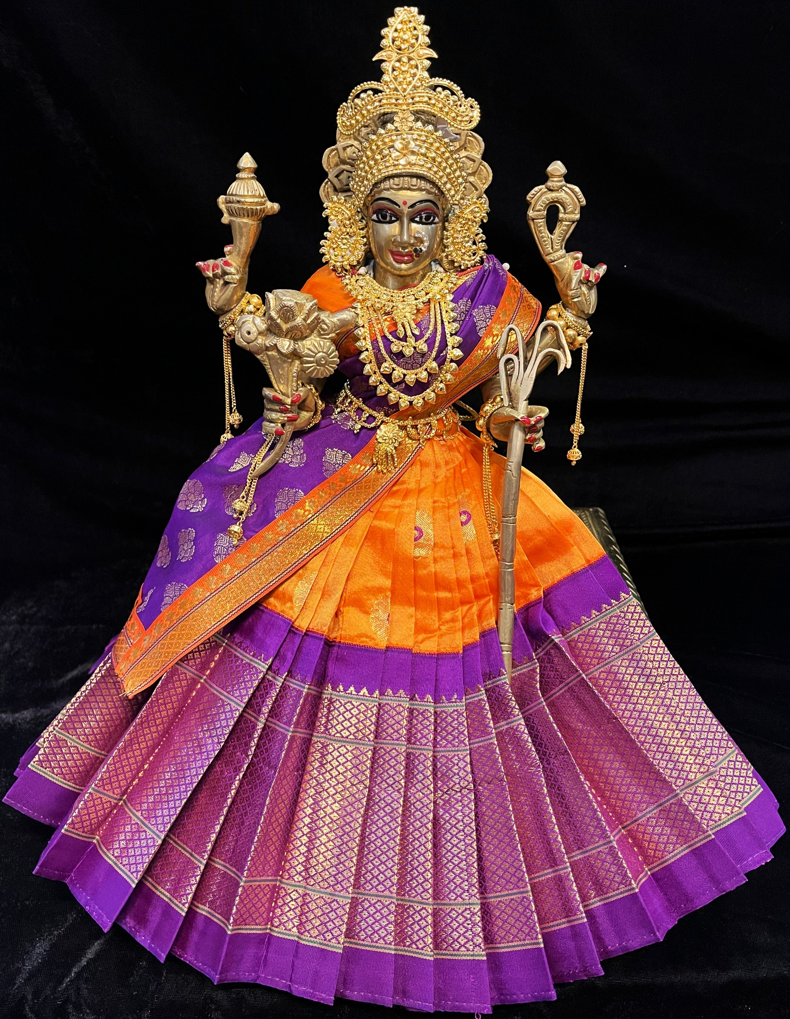 Deity half saree / lehenga patka made of Silkmark certified Pure Silk fabric. - Orange Lehenga with Purple border and Purple Contrast Dupatta 1