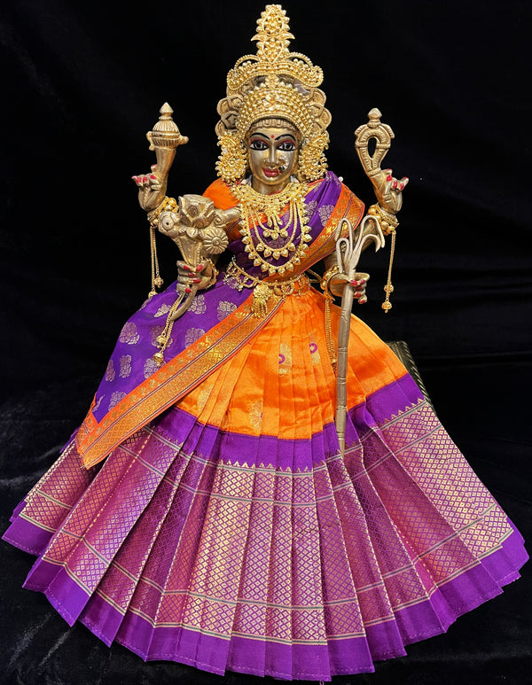 Deity half saree / lehenga patka made of Silkmark certified Pure Silk fabric. - Orange Lehenga with Purple border and Purple Contrast Dupatta