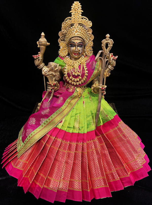 Deity half saree / lehenga patka made of Silkmark certified Pure Silk fabric. - Parrot Green Lehenga with Rani pink border and Rani Pink Contrast Dupatta