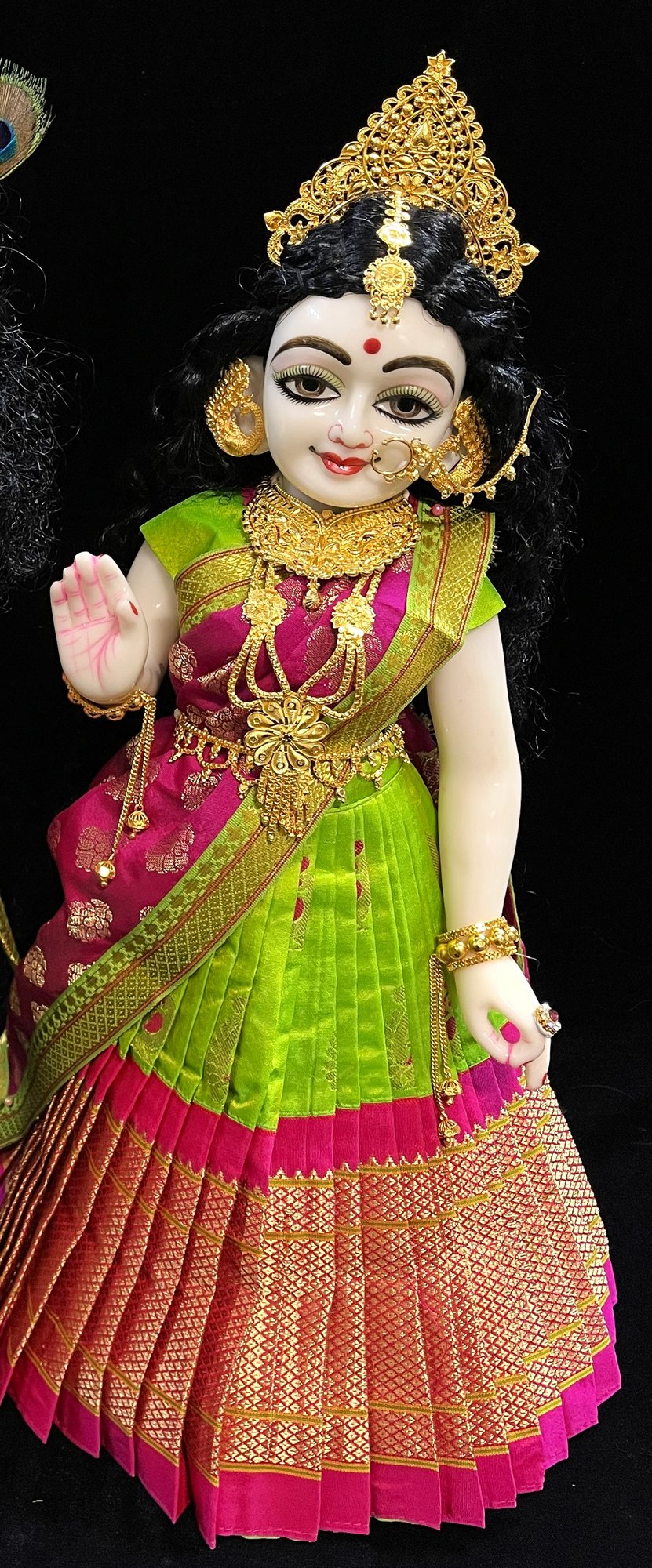 Deity half saree / lehenga patka made of Silkmark certified Pure Silk fabric. - Parrot Green Lehenga with Rani pink border and Rani Pink Contrast Dupatta