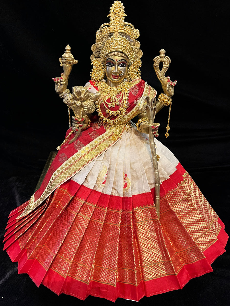 Deity half saree / lehenga patka made of Silkmark certified Pure Silk fabric. - Off white Lehenga with Red border and Red Contrast Dupatta