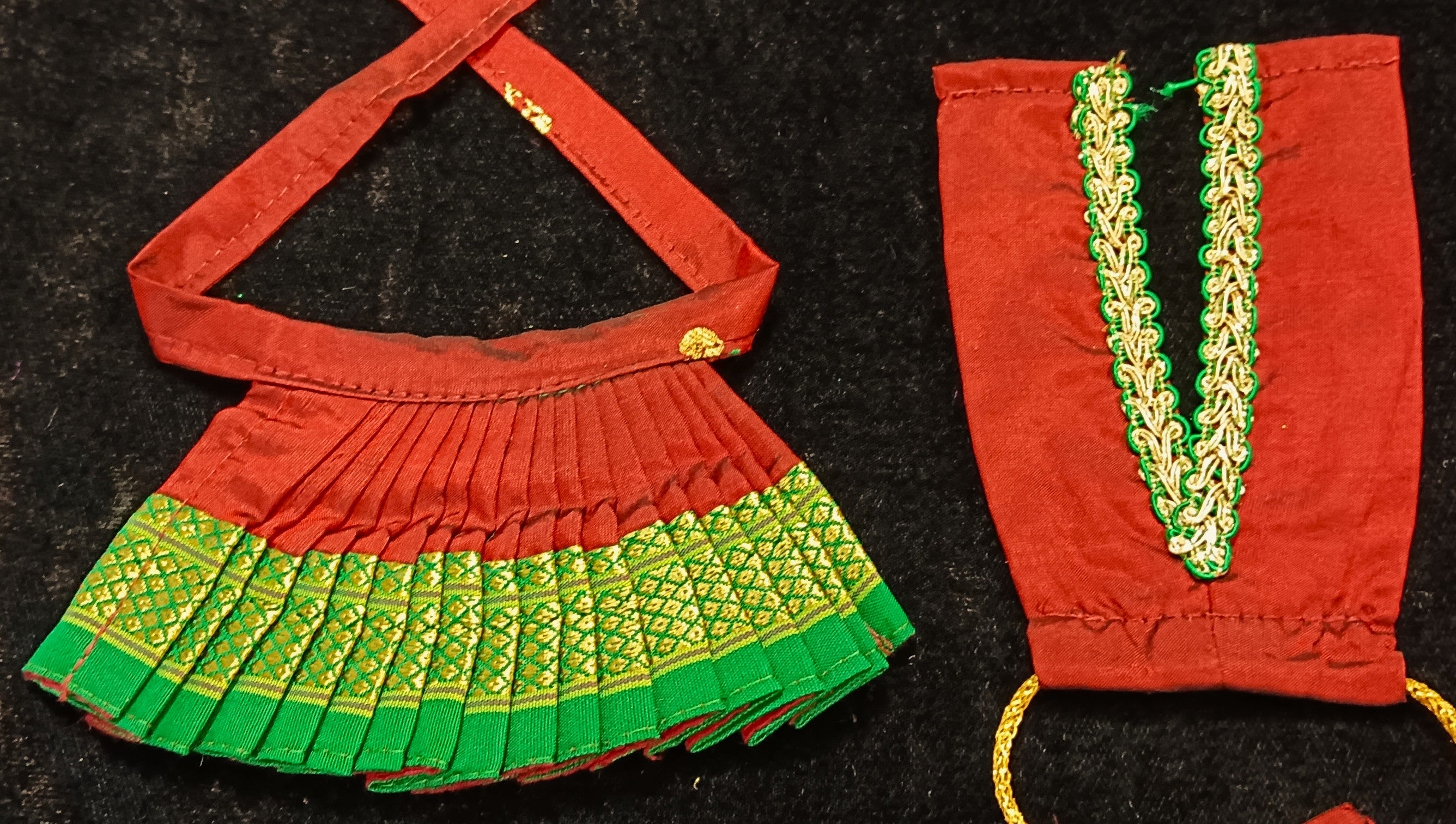 Deity half saree / lehenga patka made of Silkmark certified Pure Silk fabric. - Maroon Lehenga with Dark Green border and Dark Green Contrast Dupatta 4