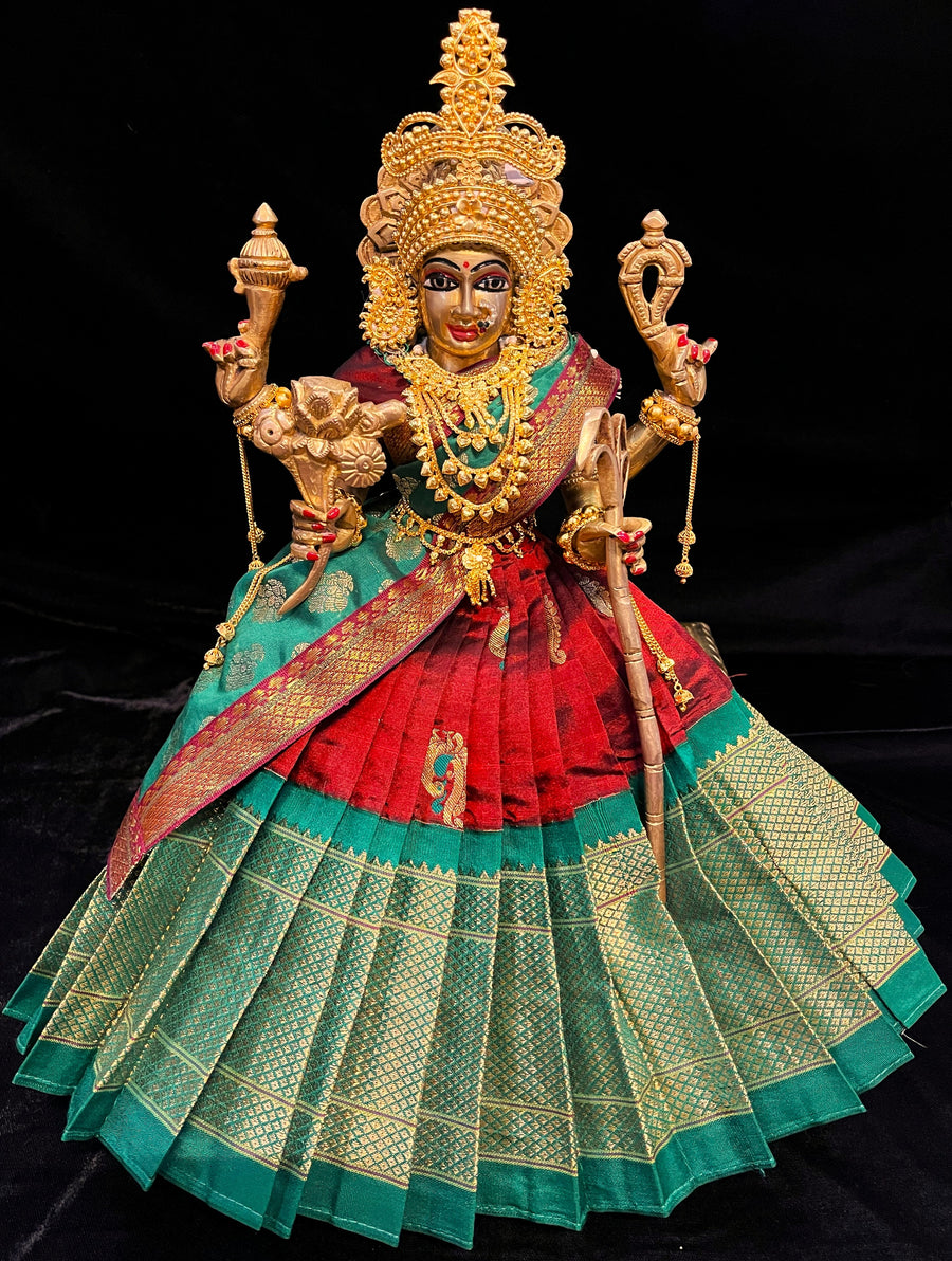 Deity half saree / lehenga patka made of Silkmark certified Pure Silk fabric. - Maroon Lehenga with Dark Green border and Dark Green Contrast Dupatta
