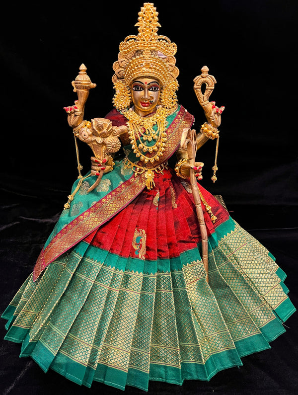 Deity half saree / lehenga patka made of Silkmark certified Pure Silk fabric. - Maroon Lehenga with Dark Green border and Dark Green Contrast Dupatta