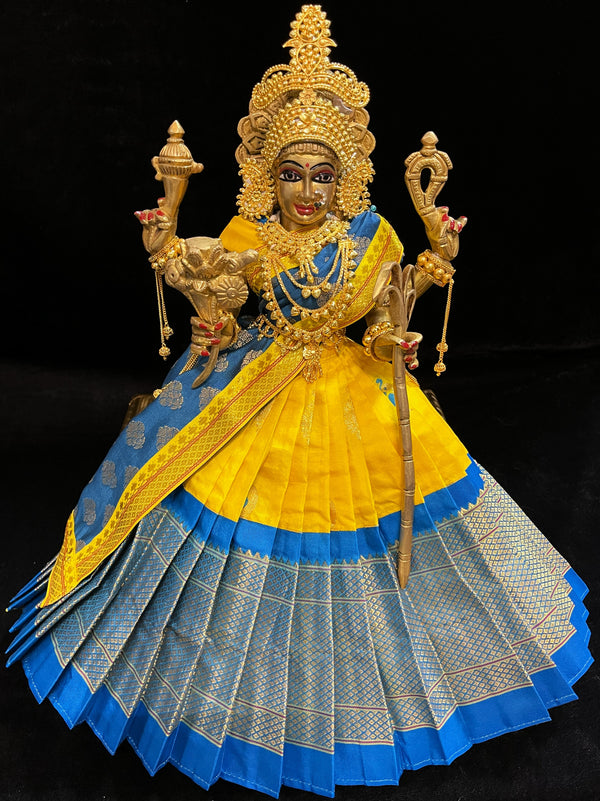 Deity half saree / lehenga patka made of Silkmark certified Pure Silk fabric. - Yellow Lehenga with Sky Blue border and Sky Blue Contrast Dupatta
