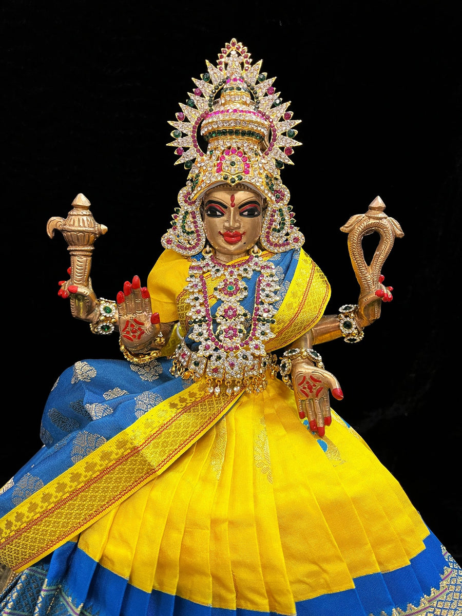 Deity half saree / lehenga patka made of Silkmark certified Pure Silk fabric. - Yellow Lehenga with Sky Blue border and Sky Blue Contrast Dupatta