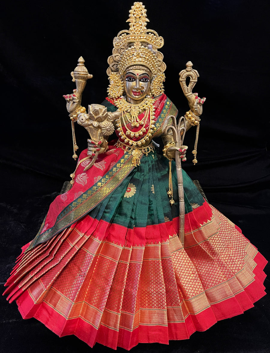 Deity half saree / lehenga patka made of Silkmark certified Pure Silk fabric. - Dark Green Lehenga with Red border and Red Contrast Dupatta