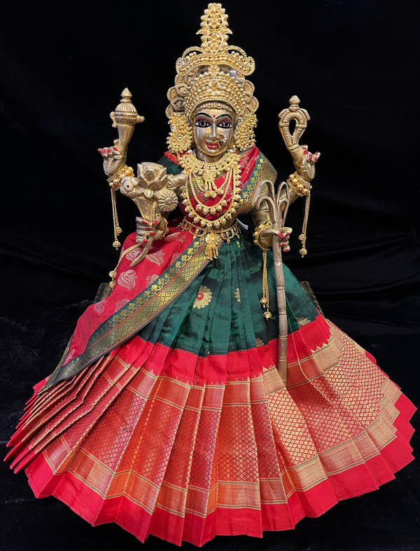 Deity half saree / lehenga patka made of Silkmark certified Pure Silk fabric. - Dark Green Lehenga with Red border and Red Contrast Dupatta