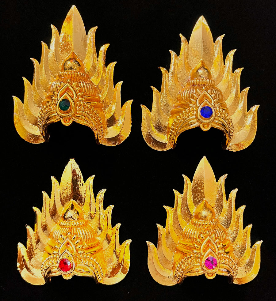 Agni Prabha Crown with Flame & Serpent - Red / Blue / Green / Pink stone on gold plated metal alloy - Length: 1.5 inches, Width: 1.25 inches