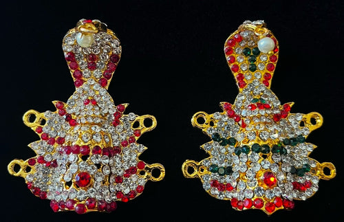 Agni Prabha Crown with Flame & Serpent - Red & White stones / Red, white & green stones on gold plated metal alloy - Length: 2.5 inches, Width: 1 inch