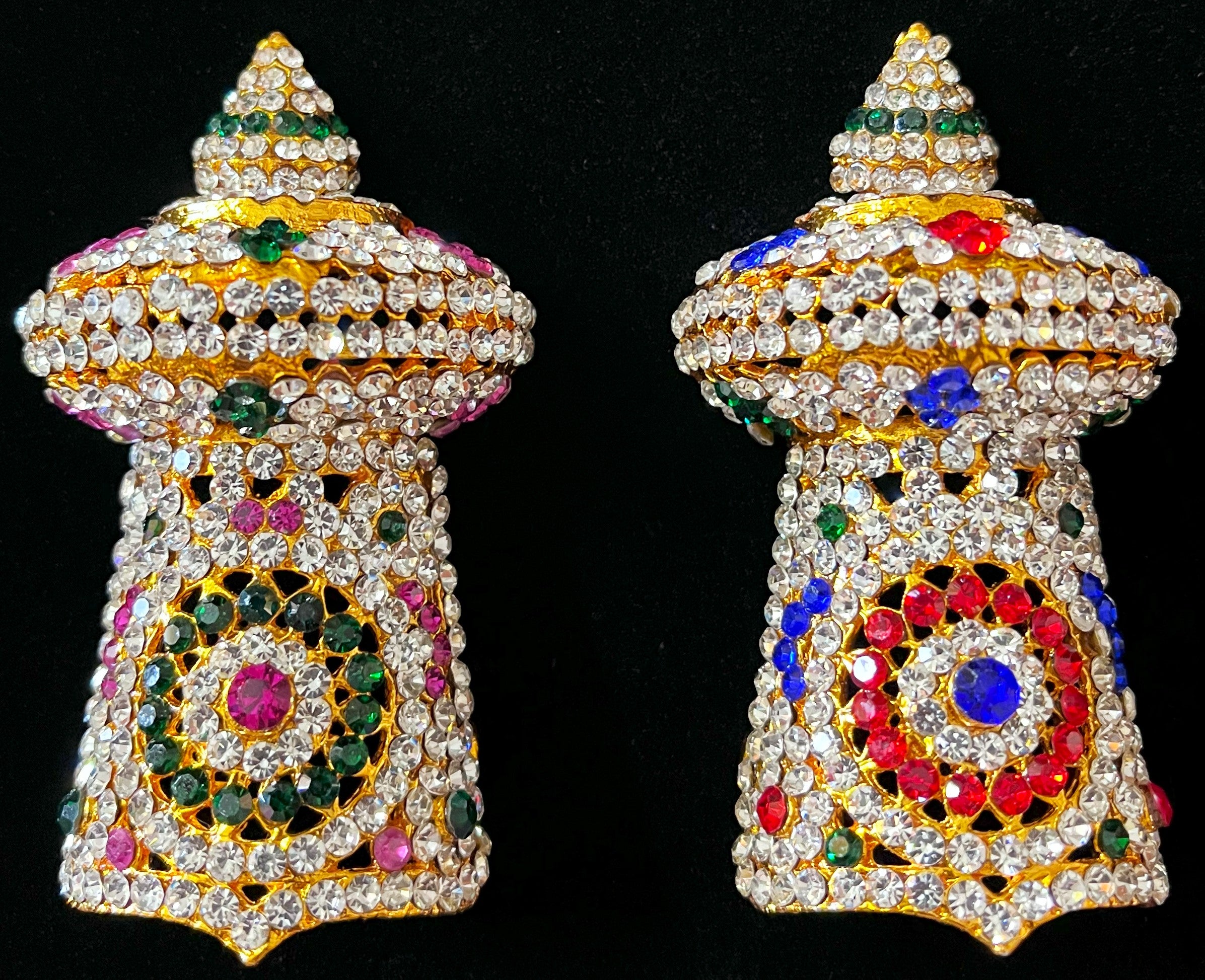 Traditional South Indian Stone-Studded Crown (Kireedam) - Red & White stones / Red, white, blue & green stones / Red, Green & White stones/ Pink, white & Green stones on gold plated metal alloy - Length: 3 inches, Width: 2 inches 2