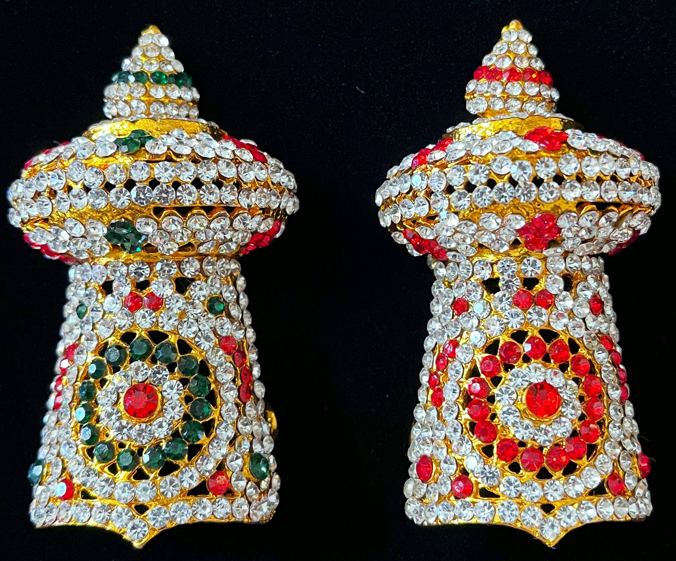Traditional South Indian Stone-Studded Crown (Kireedam) - Red & White stones / Red, white, blue & green stones / Red, Green & White stones/ Pink, white & Green stones on gold plated metal alloy - Length: 3 inches, Width: 2 inches 1