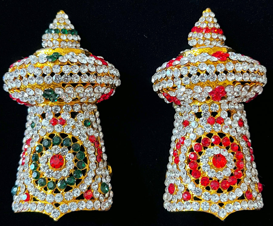 Traditional South Indian Stone-Studded Crown (Kireedam) - Red & White stones / Red, white, blue & green stones / Red, Green & White stones/ Pink, white & Green stones on gold plated metal alloy - Length: 3 inches, Width: 2 inches