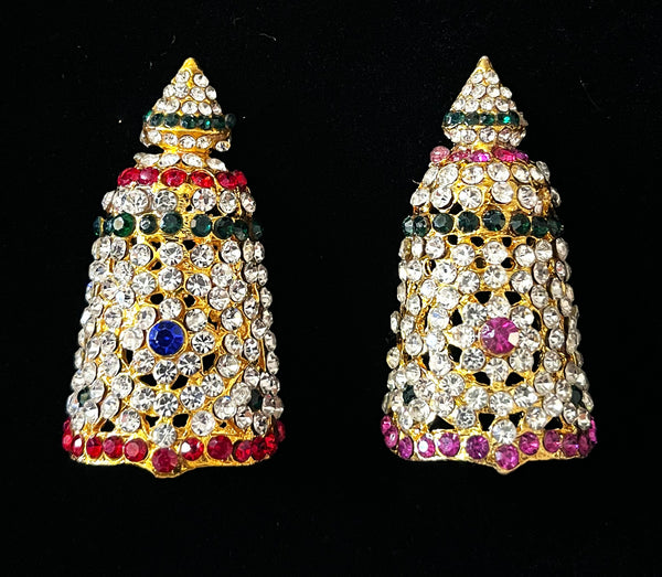Traditional South Indian Stone-Studded Crown (Kireedam) - Red, white, blue & green stones / Pink, white & Green stones on gold plated metal alloy - Length: 2 inches, Width: 1.5 inches
