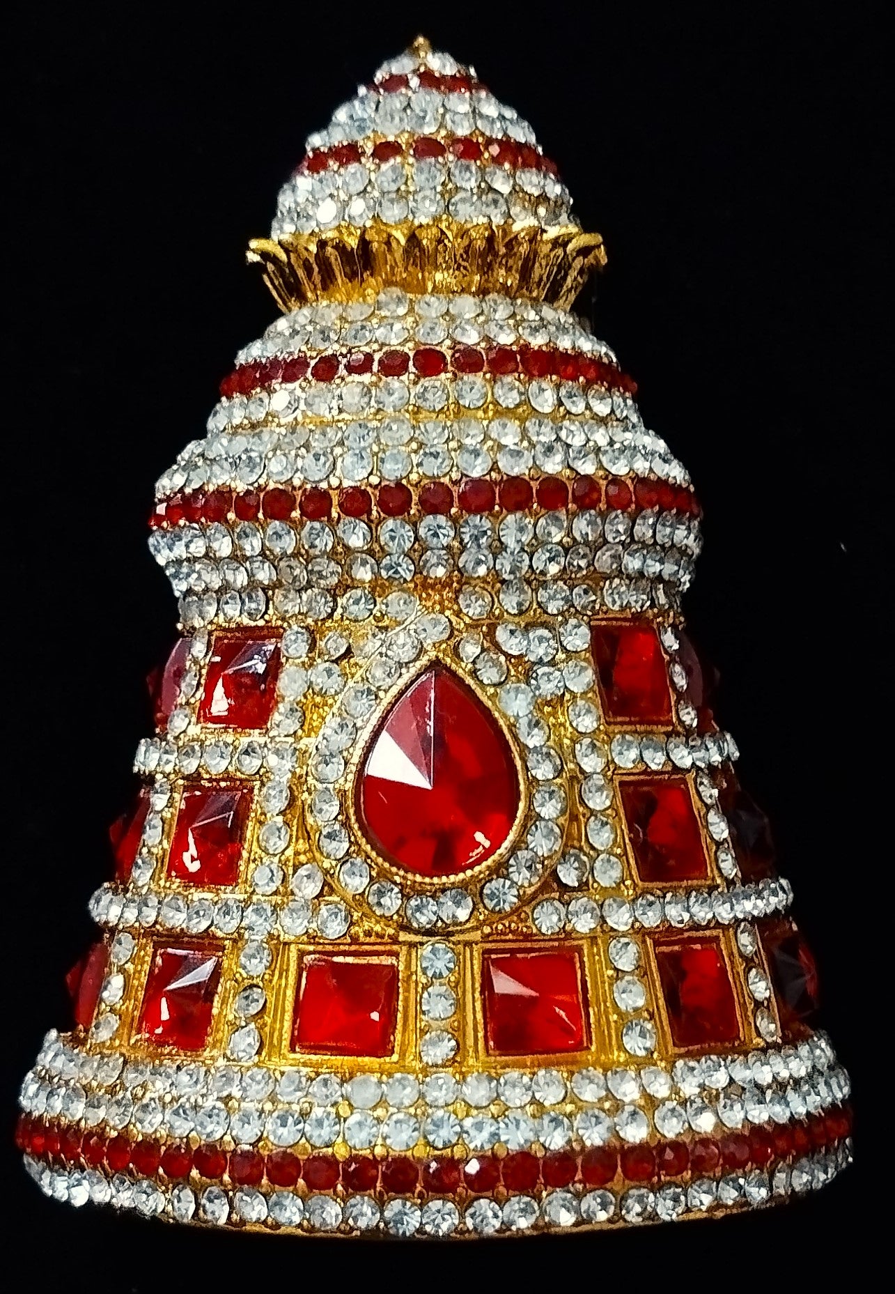 Traditional South Indian Stone-Studded Crown (Kireedam) - Red & White stones / Red, white, & green stones / Pink & White stones/ Pink, white & Green stones on gold plated metal alloy - Length: 3.5 inches, Width: 3.5 inches 4