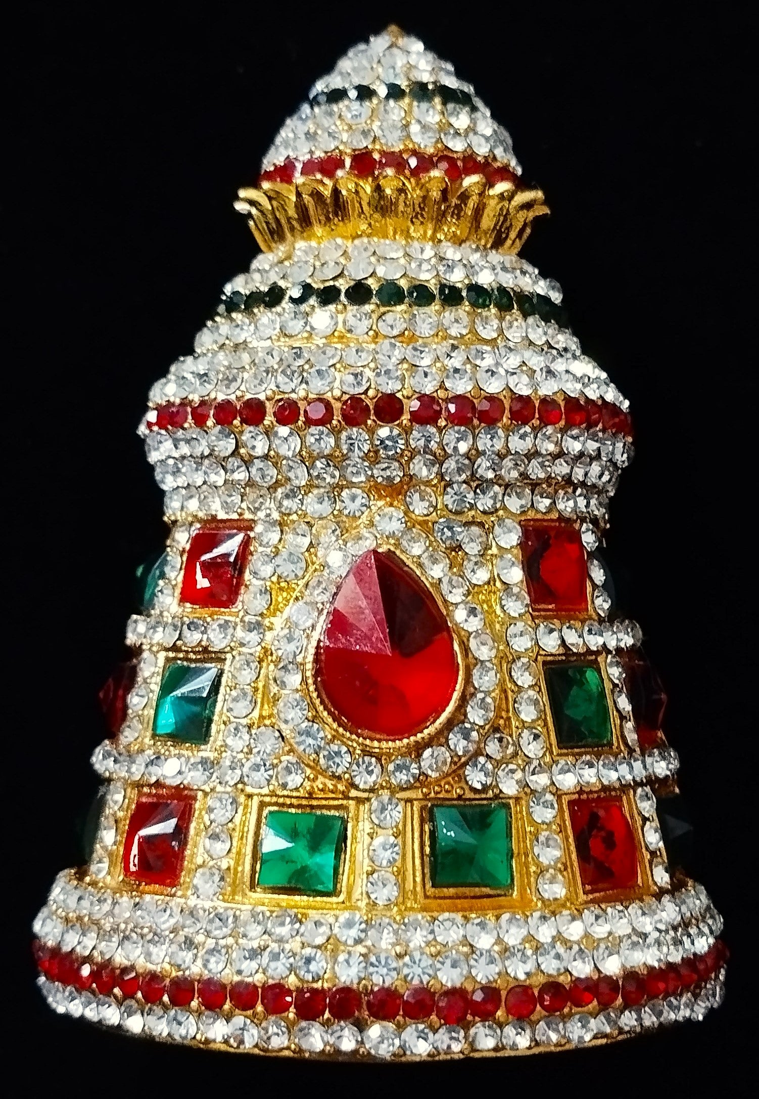 Traditional South Indian Stone-Studded Crown (Kireedam) - Red & White stones / Red, white, & green stones / Pink & White stones/ Pink, white & Green stones on gold plated metal alloy - Length: 3.5 inches, Width: 3.5 inches 2