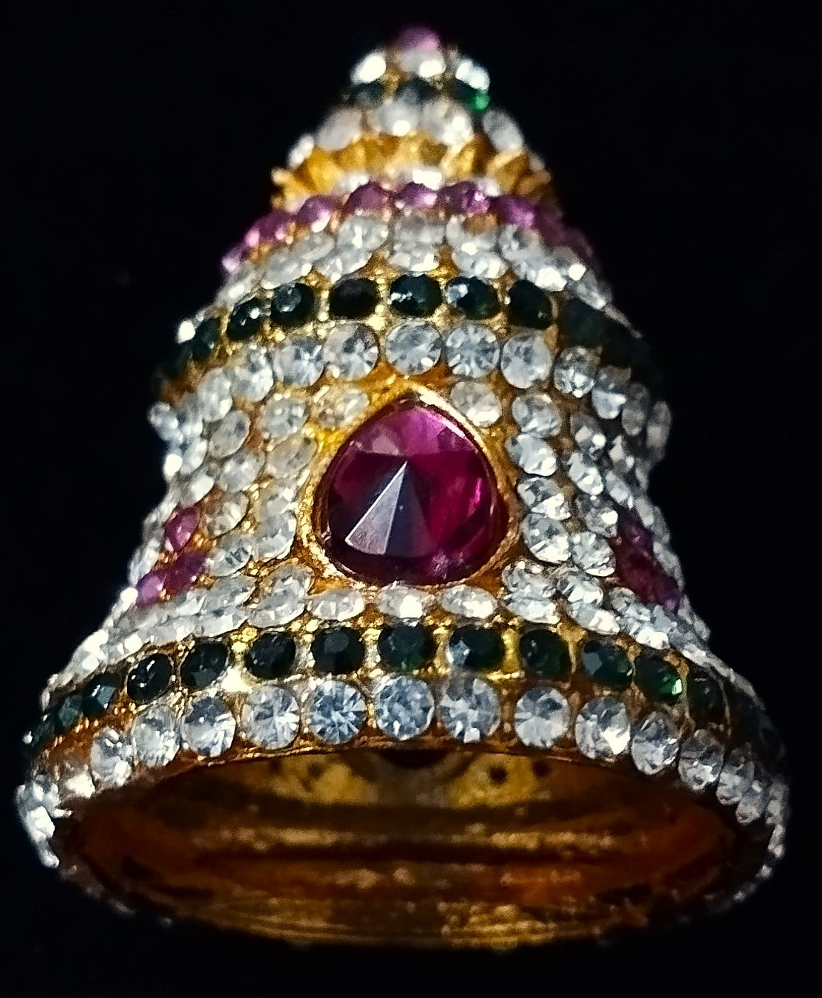 Full Circumference Temple Kireedam - Red, white & green stones / Green & White stones/ Pink, white & Green stones /  Pink, white & Blue stones on gold plated metal alloy - Length: 1.5 inches, Circumference: 4 inches 3