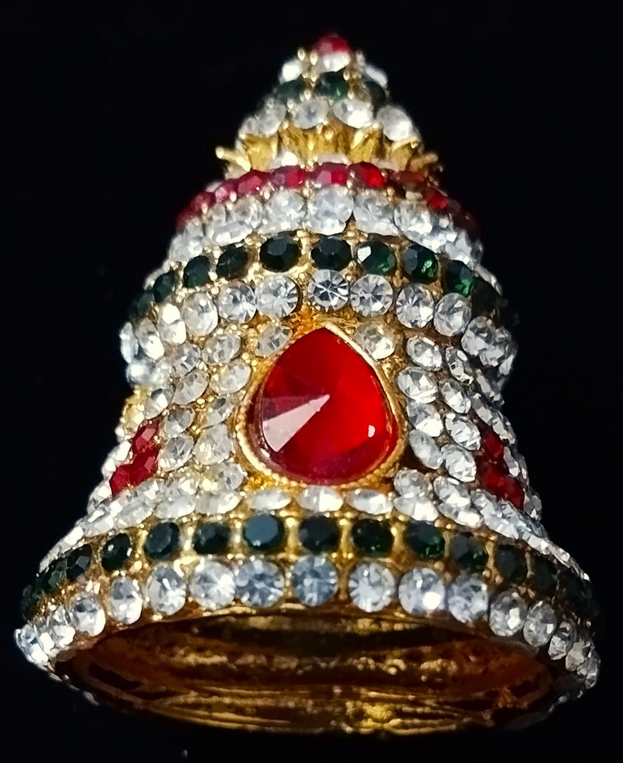 Full Circumference Temple Kireedam - Red, white & green stones / Green & White stones/ Pink, white & Green stones /  Pink, white & Blue stones on gold plated metal alloy - Length: 1.5 inches, Circumference: 4 inches