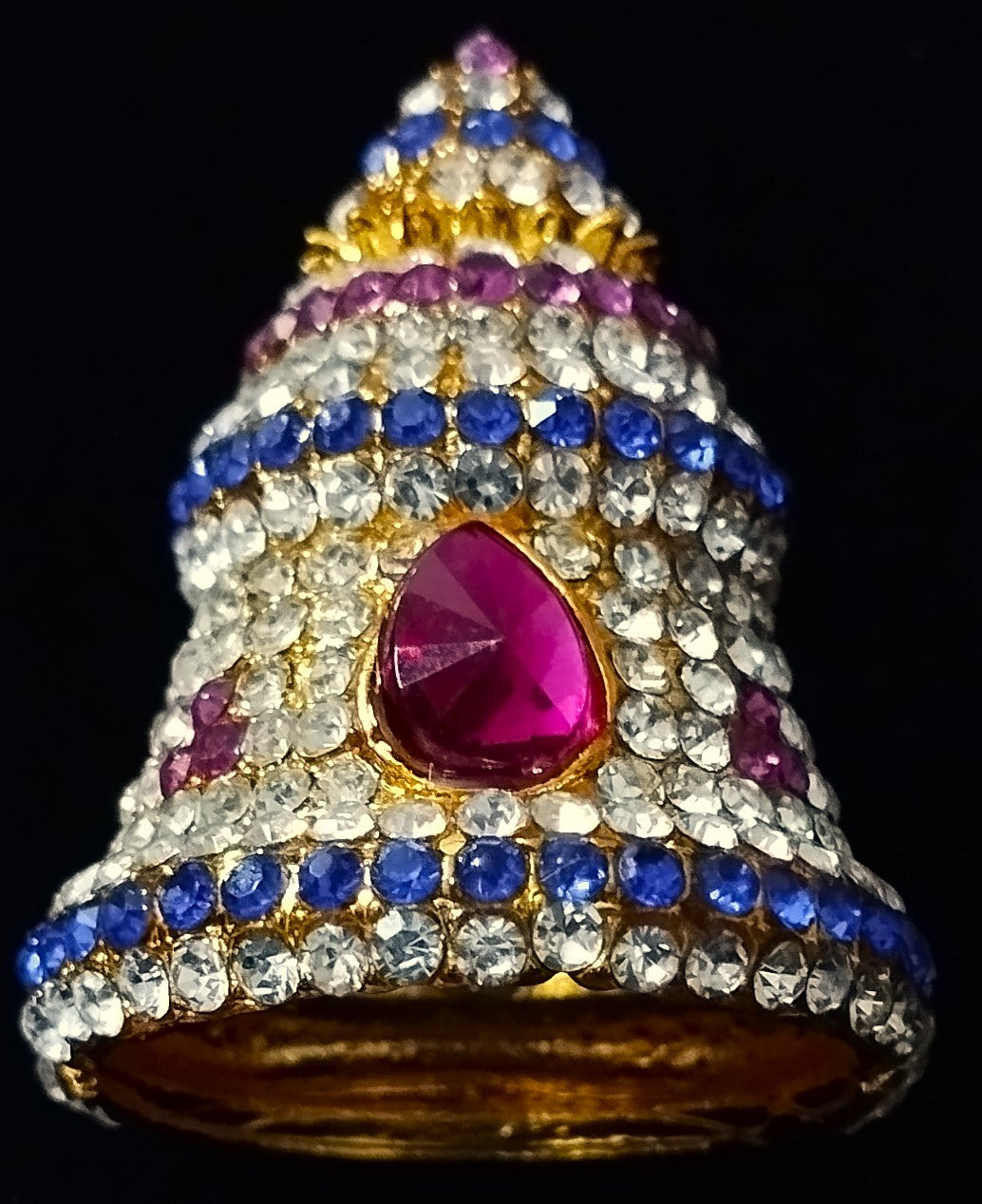 Full Circumference Temple Kireedam - Red, white & green stones / Green & White stones/ Pink, white & Green stones /  Pink, white & Blue stones on gold plated metal alloy - Length: 1.5 inches, Circumference: 4 inches 2