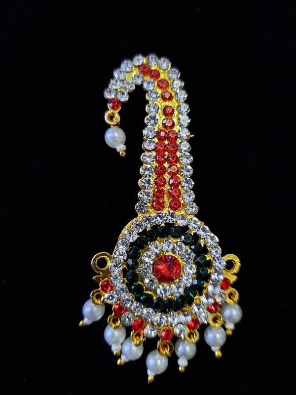 Turai Ornament – Royal Turban Jewel - Red, white & green stones  on gold plated metal alloy - Length: 3 inches