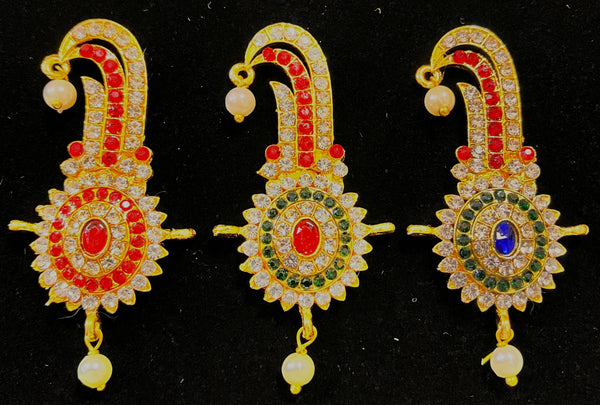 Turai Ornament – Royal Turban Jewel - Red, white & green stones  on gold plated metal alloy - Length: 2.5 inches, Width: 1 inch