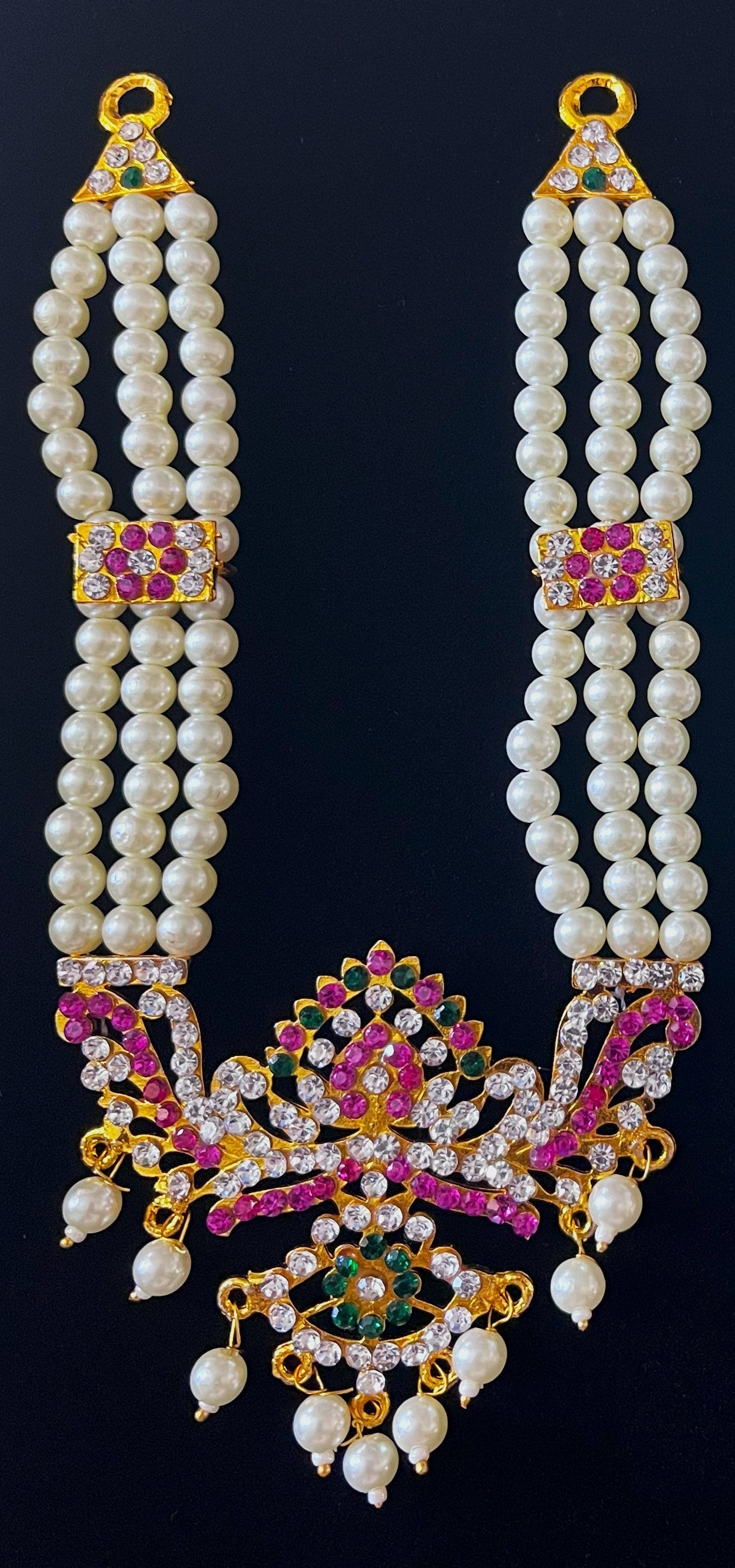 Pearl Layer Haram – Multi-Strand Temple Necklace - Green & White stones / White stones / Pink, green & white stones on gold plated metal alloy - Length: 6 inches 2