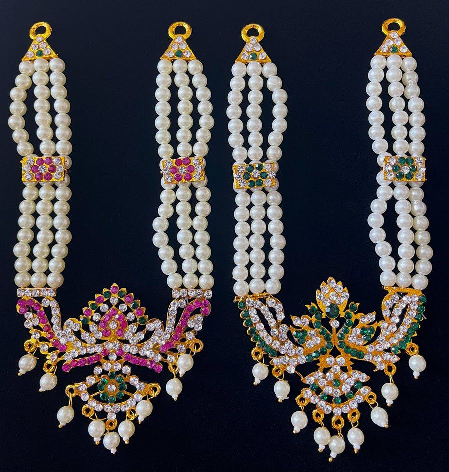 Pearl Layer Haram – Multi-Strand Temple Necklace - Green & White stones / White stones / Pink, green & white stones on gold plated metal alloy - Length: 6 inches