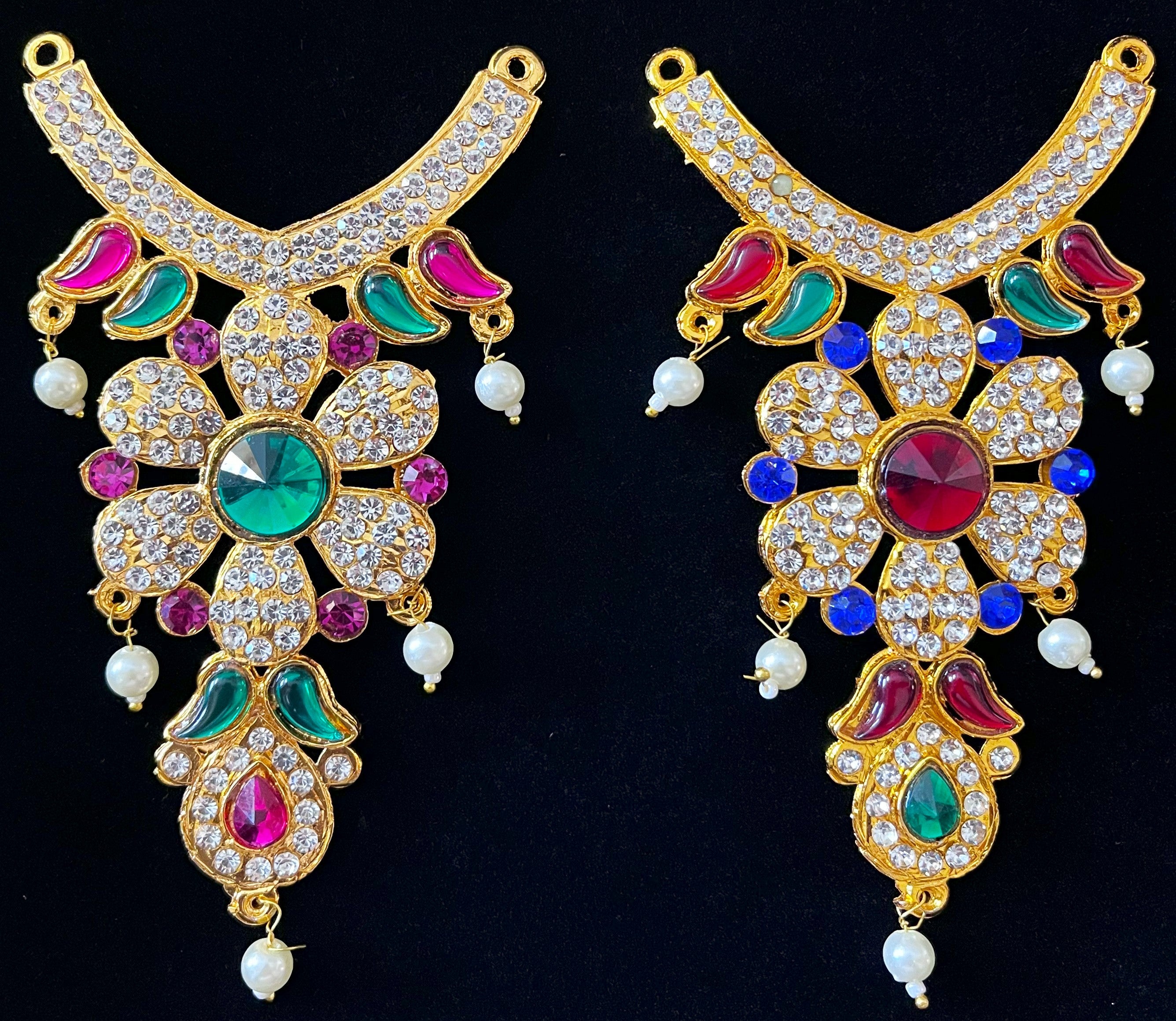 Long Haram – South Indian Temple Jewellery - Red, Green & White stones / Red & white stones / Pink, green & white stones / Red, Green, Blue & White stones on gold plated metal alloy - Length: 4 inches, Width: 2.5 inches
