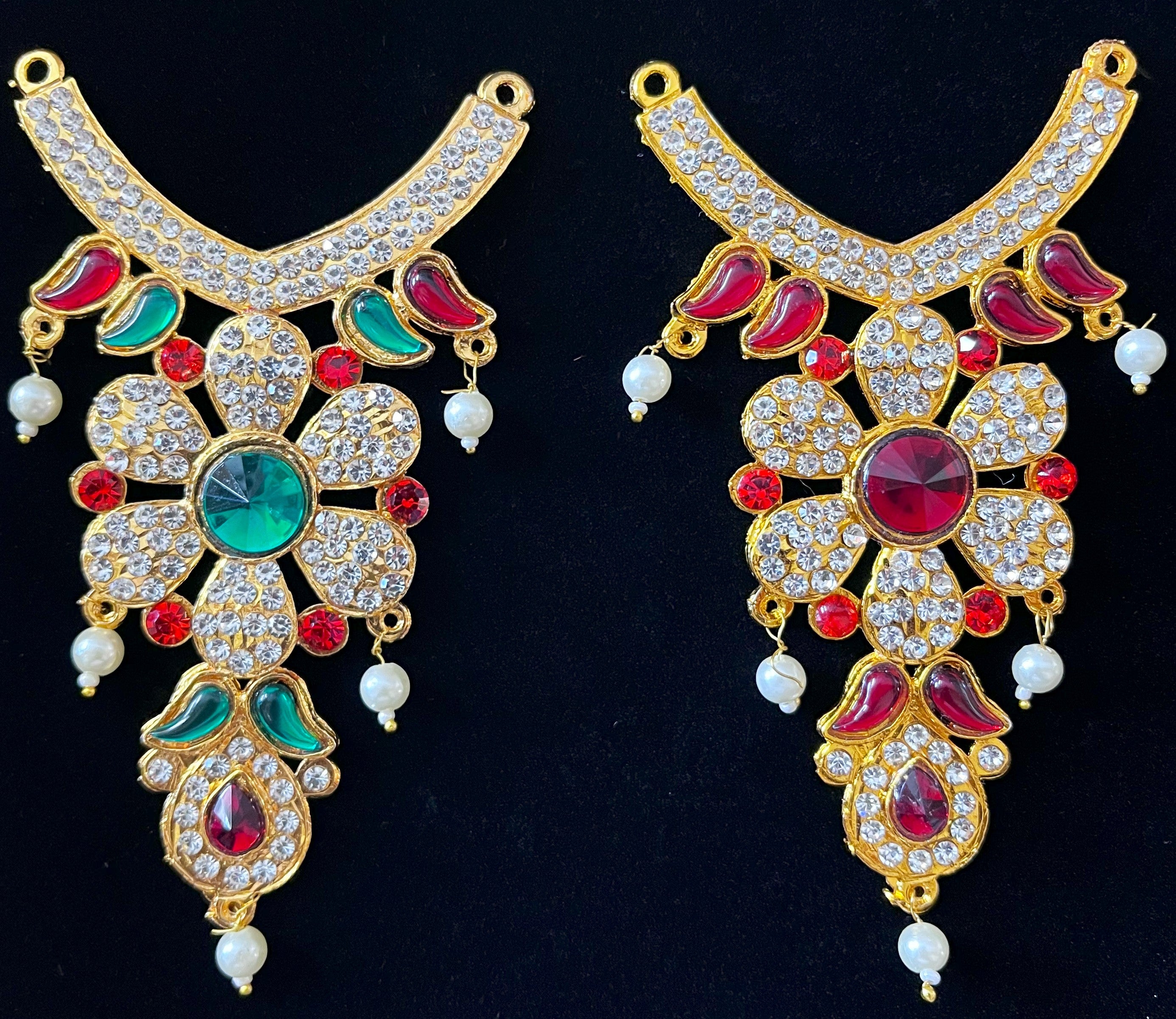 Long Haram – South Indian Temple Jewellery - Red, Green & White stones / Red & white stones / Pink, green & white stones / Red, Green, Blue & White stones on gold plated metal alloy - Length: 4 inches, Width: 2.5 inches