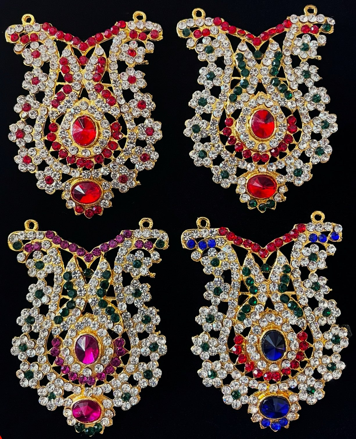 Grand Kavacham Necklace – Full Chest Armour Design - Red, Green & White stones / Pink, green & white stones / Red, Green, Blue & White stones / Red & white stoneson gold plated metal alloy - Length: 3.5 inches, Width: 2 inches 1