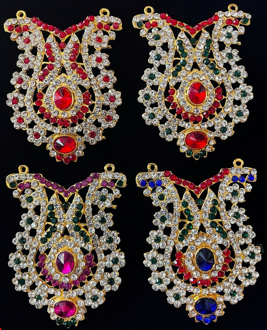 Grand Kavacham Necklace – Full Chest Armour Design - Red, Green & White stones / Pink, green & white stones / Red, Green, Blue & White stones / Red & white stoneson gold plated metal alloy - Length: 3.5 inches, Width: 2 inches