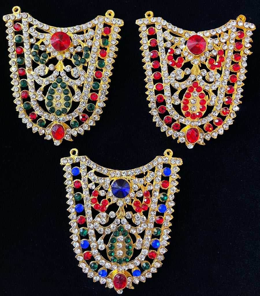 Grand Kavacham Necklace – Full Chest Armour Design - Red, Green & White stones / Red, Green, Blue & White stones / Red & white stoneson gold plated metal alloy - Length: 3.5 inches, Width: 2.5 inches