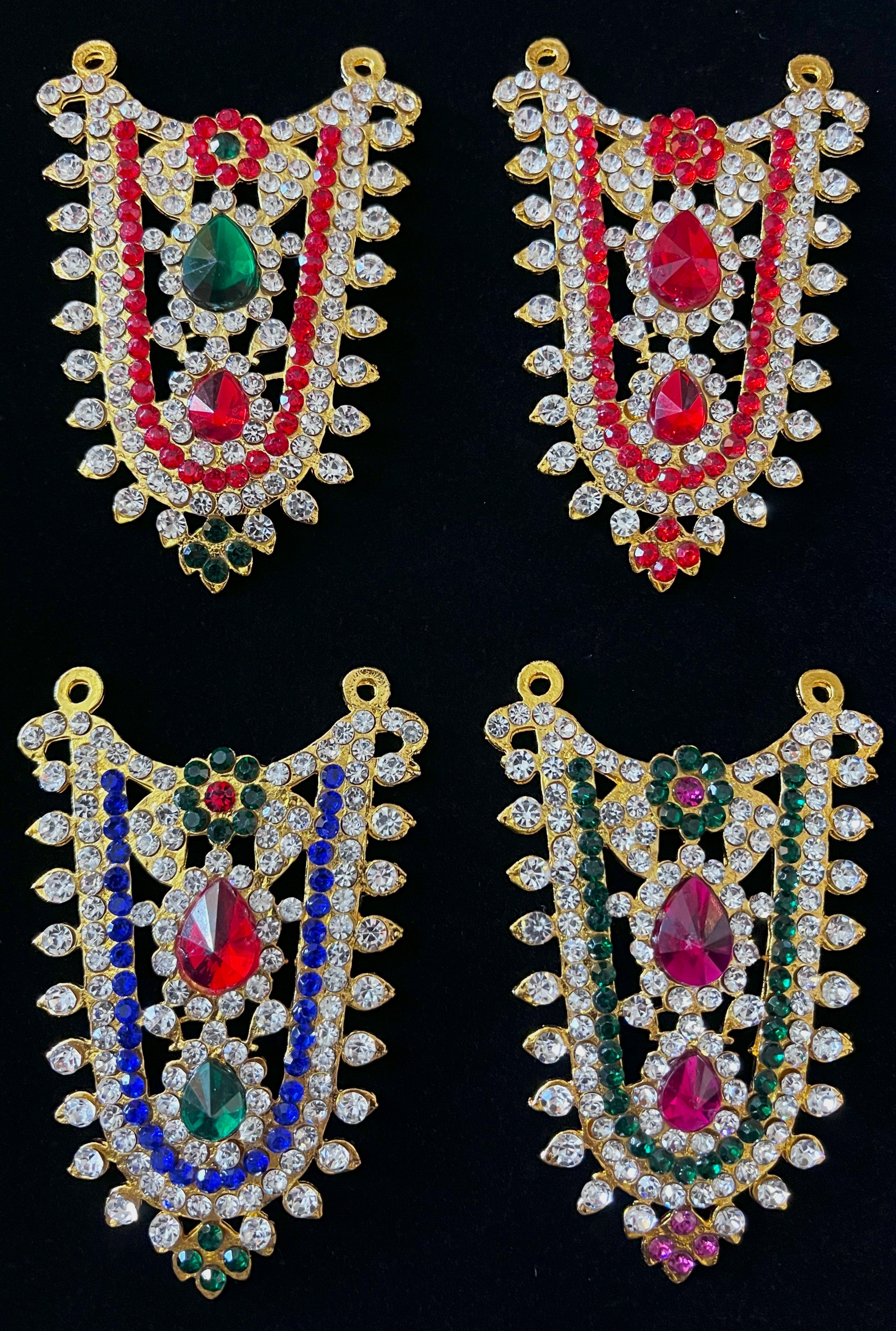 Grand Kavacham Necklace – Full Chest Armour Design - Red, Green & White stones / Pink, green & white stones / Red, Green, Blue & White stones / Red & white stoneson gold plated metal alloy - Length: 3 inches, Width: 2 inches 1