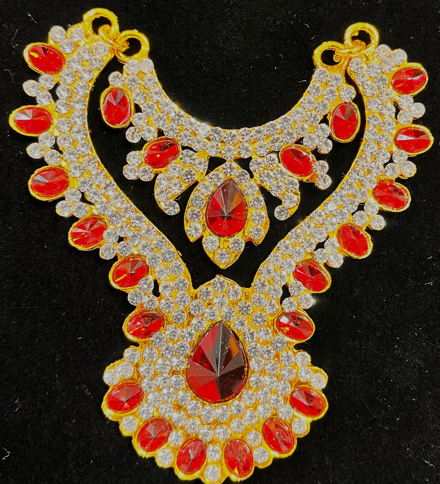 Multi-Layer Temple Haram – Royal Grand Alankaram - Red, Green & White stones / Red & white stones on gold plated metal alloy - Length: 3.25 inches, Width: 2 inches