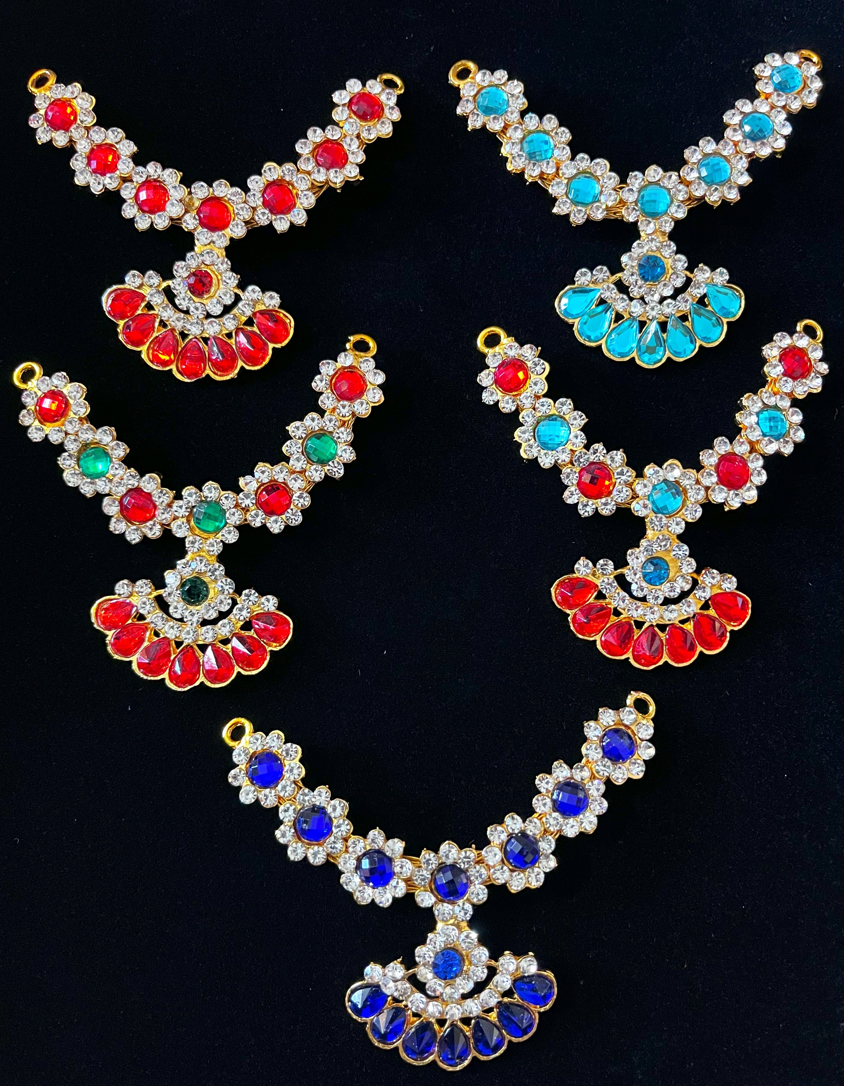 Multi-Layer Temple Haram – Royal Grand Alankaram - Red, Green & White stones / Red & white stones / Royal blue & white stones / Sky blue & white stones / sky blue, red & white stones on gold plated metal alloy - Length: 2.5 inches 1