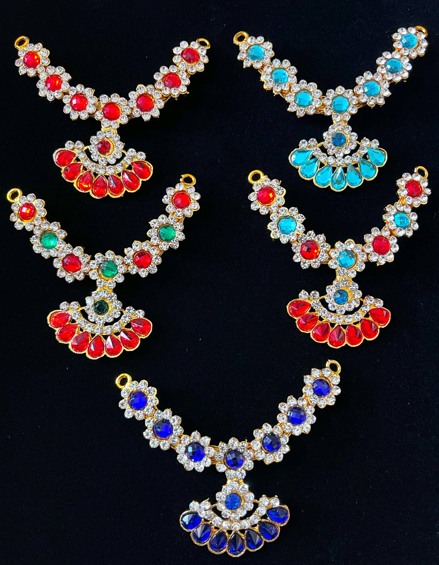 Multi-Layer Temple Haram – Royal Grand Alankaram - Red, Green & White stones / Red & white stones / Royal blue & white stones / Sky blue & white stones / sky blue, red & white stones on gold plated metal alloy - Length: 2.5 inches