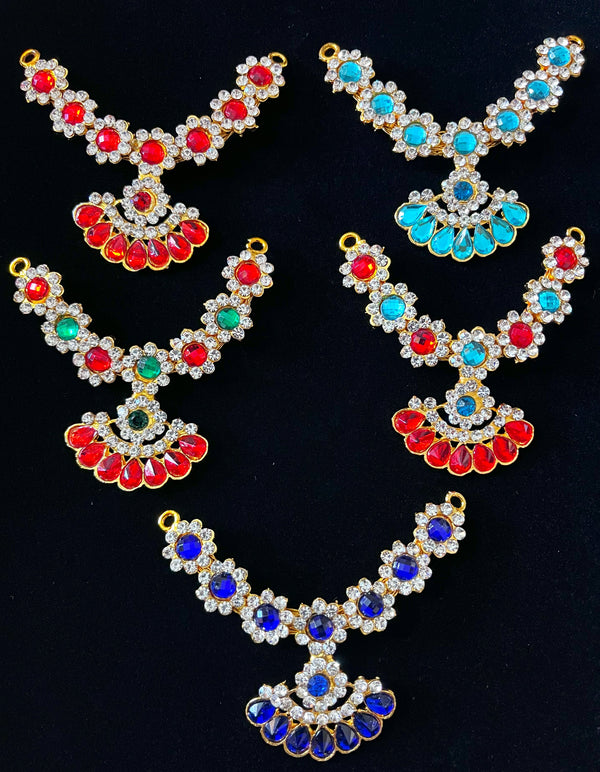 Multi-Layer Temple Haram – Royal Grand Alankaram - Red, Green & White stones / Red & white stones / Royal blue & white stones / Sky blue & white stones / sky blue, red & white stones on gold plated metal alloy - Length: 2.5 inches