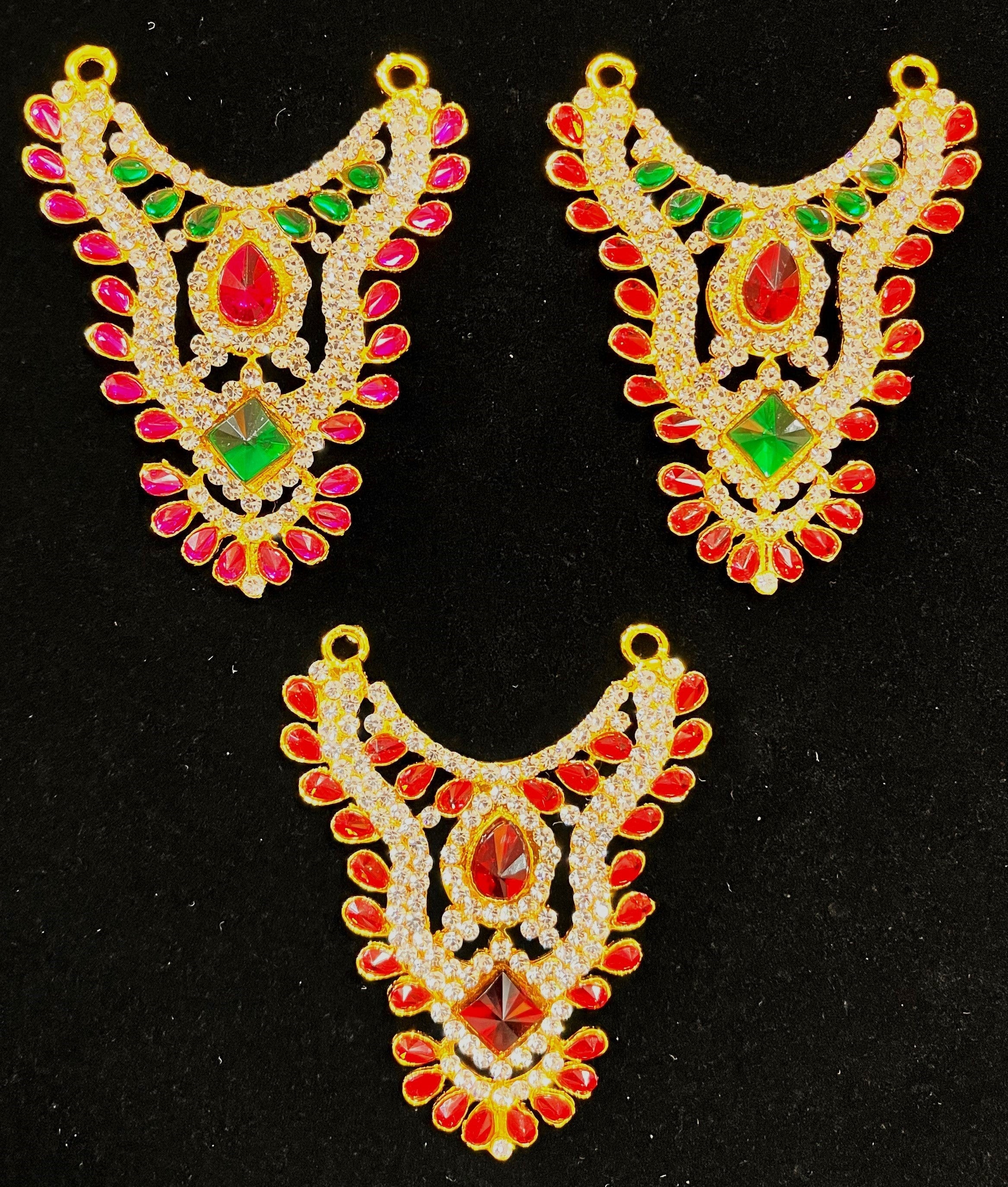 Grand Kavacham Necklace – Full Chest Armour Design - Red, Green & White stones / Pink, green & white stones / Red & white stones on gold plated metal alloy - Length: 2.5 inches, Width: 1.75 inches 1