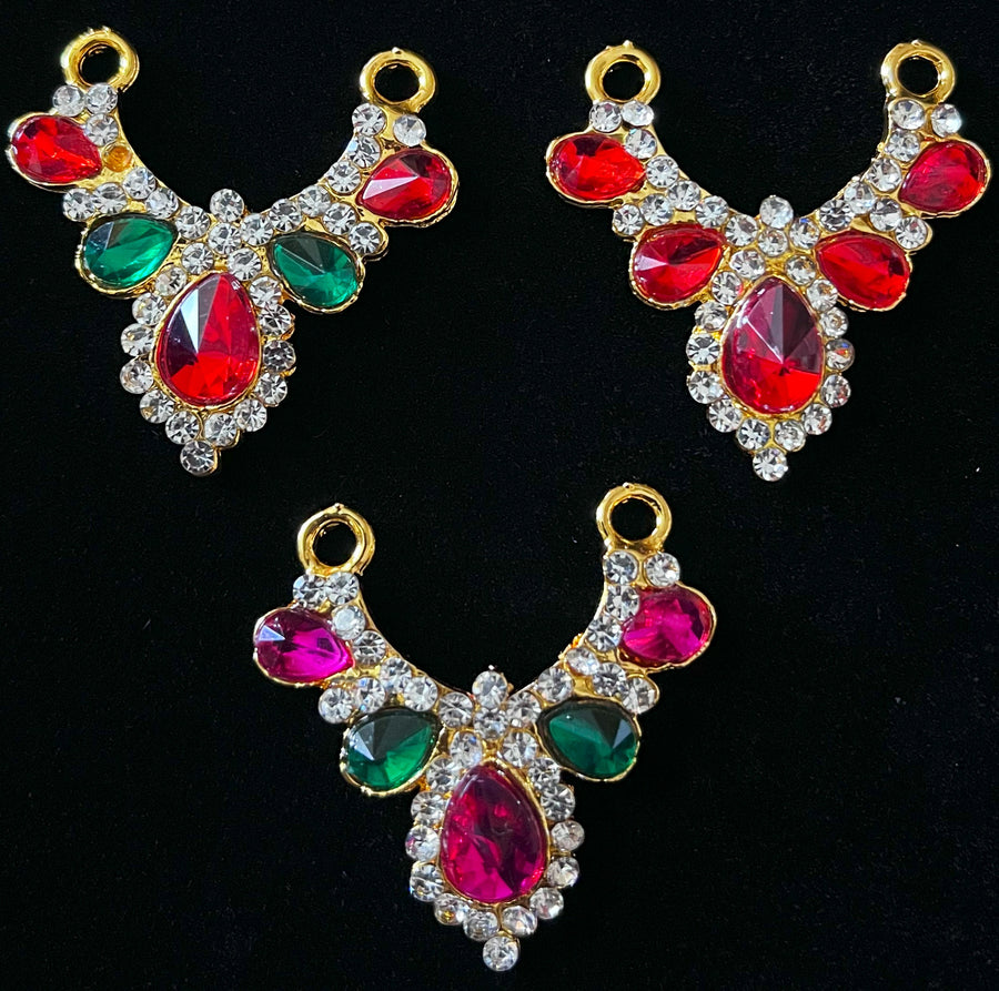 Short Necklace (Addigai) - Red, Green & White stones / Pink, green & white stones / red & white stones on gold plated metal alloy - Length: 1.5 inches, Width: 1 inches